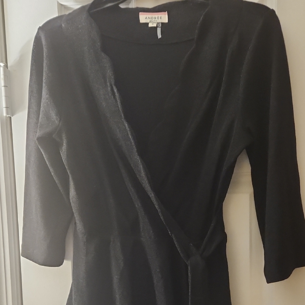 Andree Elegant Black Sparkly Wrap Top With Sash